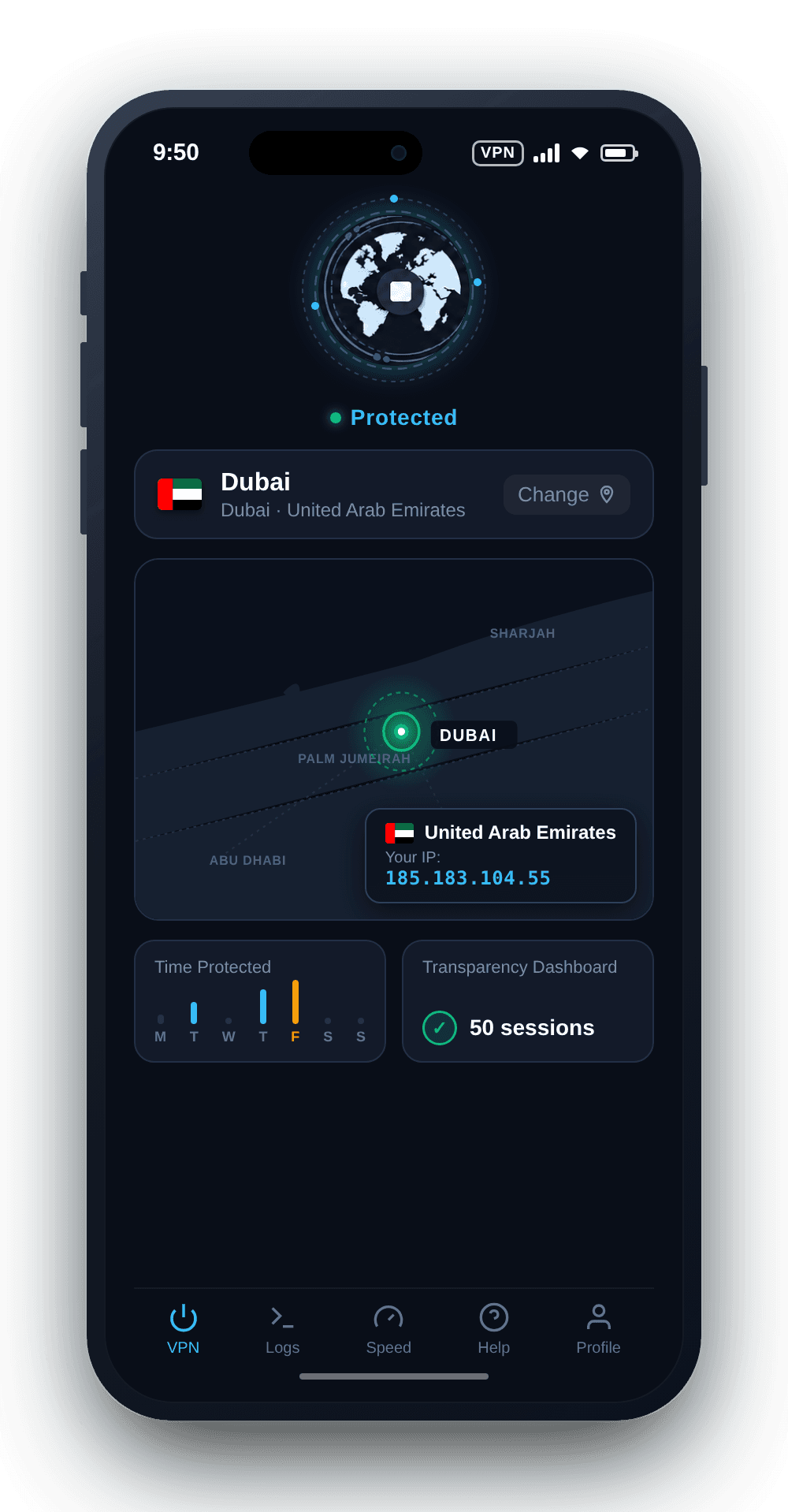KlarVPN app connected to Dubai VPN with private encrypted tunnel and secure Dubai IP address