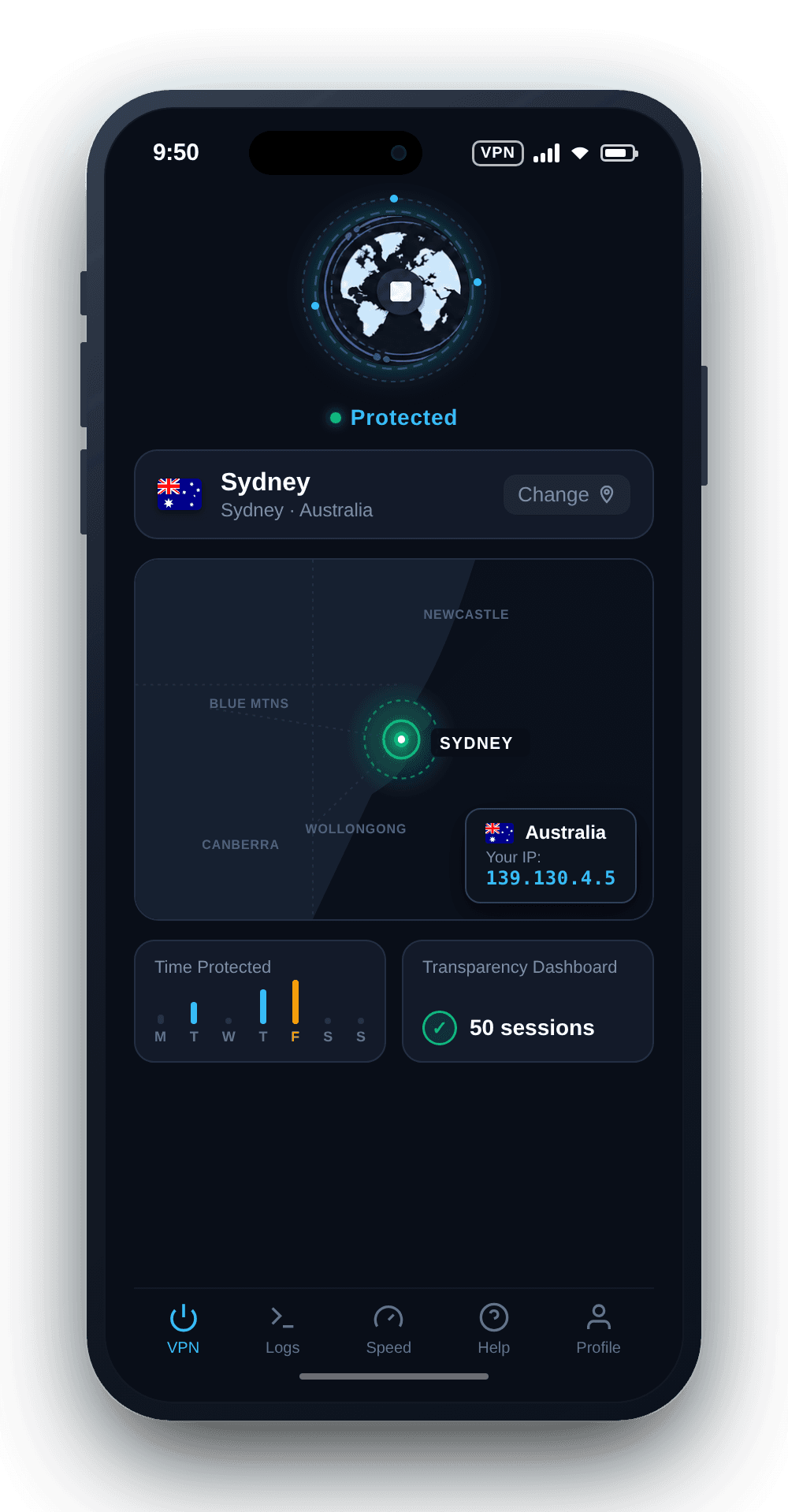 KlarVPN app connected to Australia VPN with private encrypted tunnel and secure Australian IP address