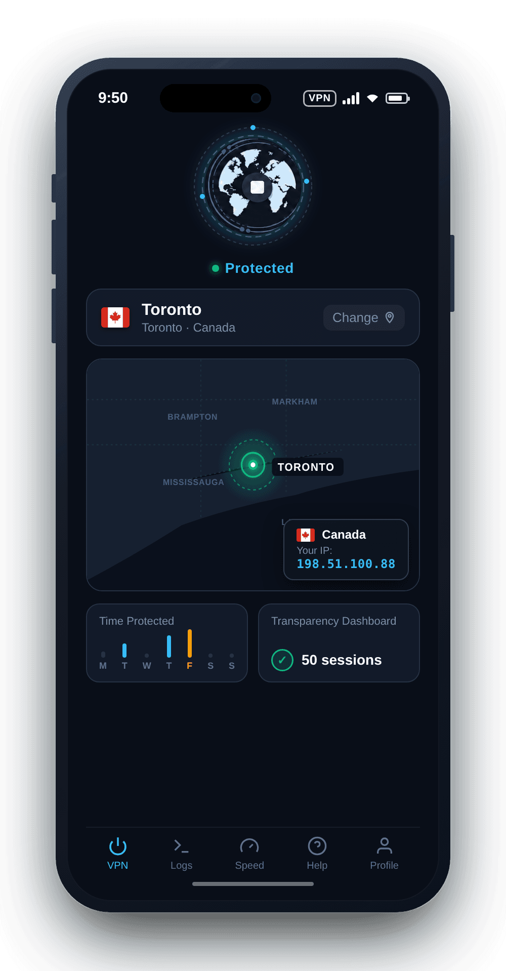 KlarVPN app connected to Canada VPN with private encrypted tunnel and secure Canadian IP address