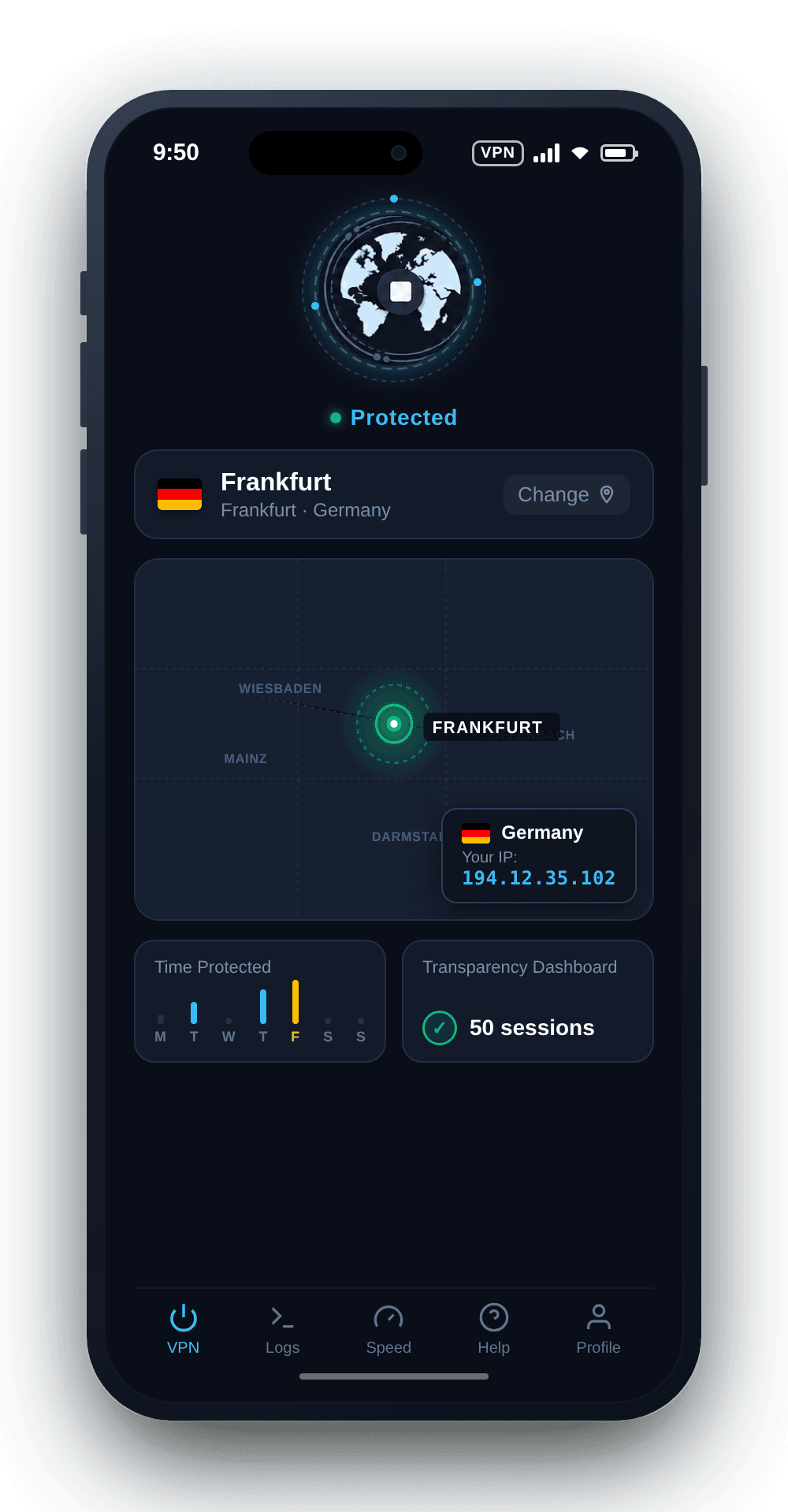 KlarVPN app connected to Germany VPN with private encrypted tunnel and secure German IP address