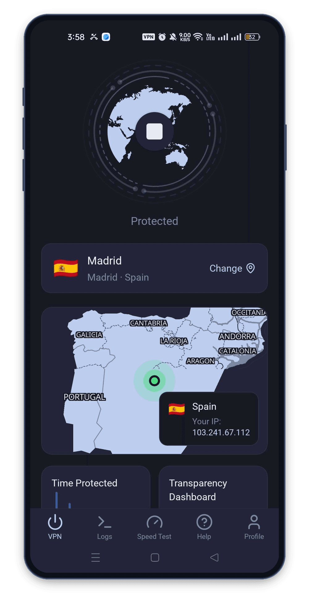 KlarVPN app connected to Spain VPN with private encrypted tunnel and secure Spanish IP address