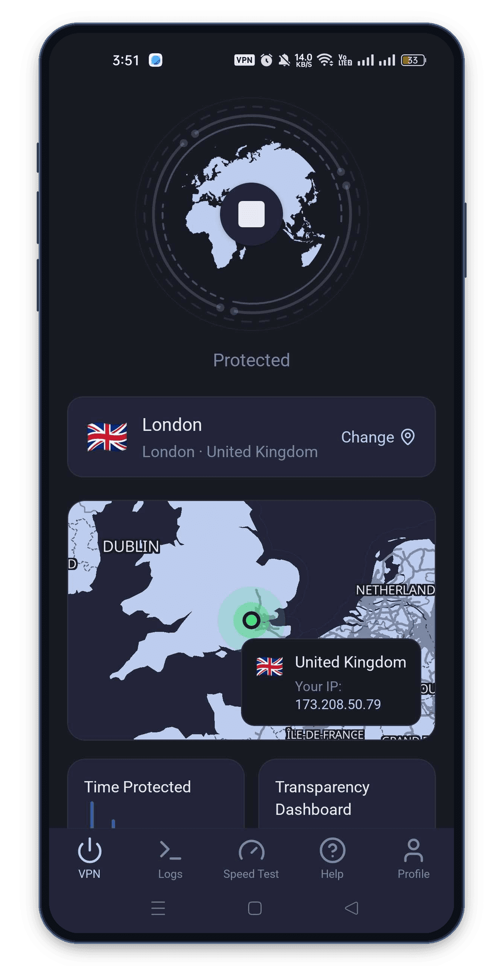 KlarVPN app connected to UK VPN with private encrypted tunnel and secure UK IP address