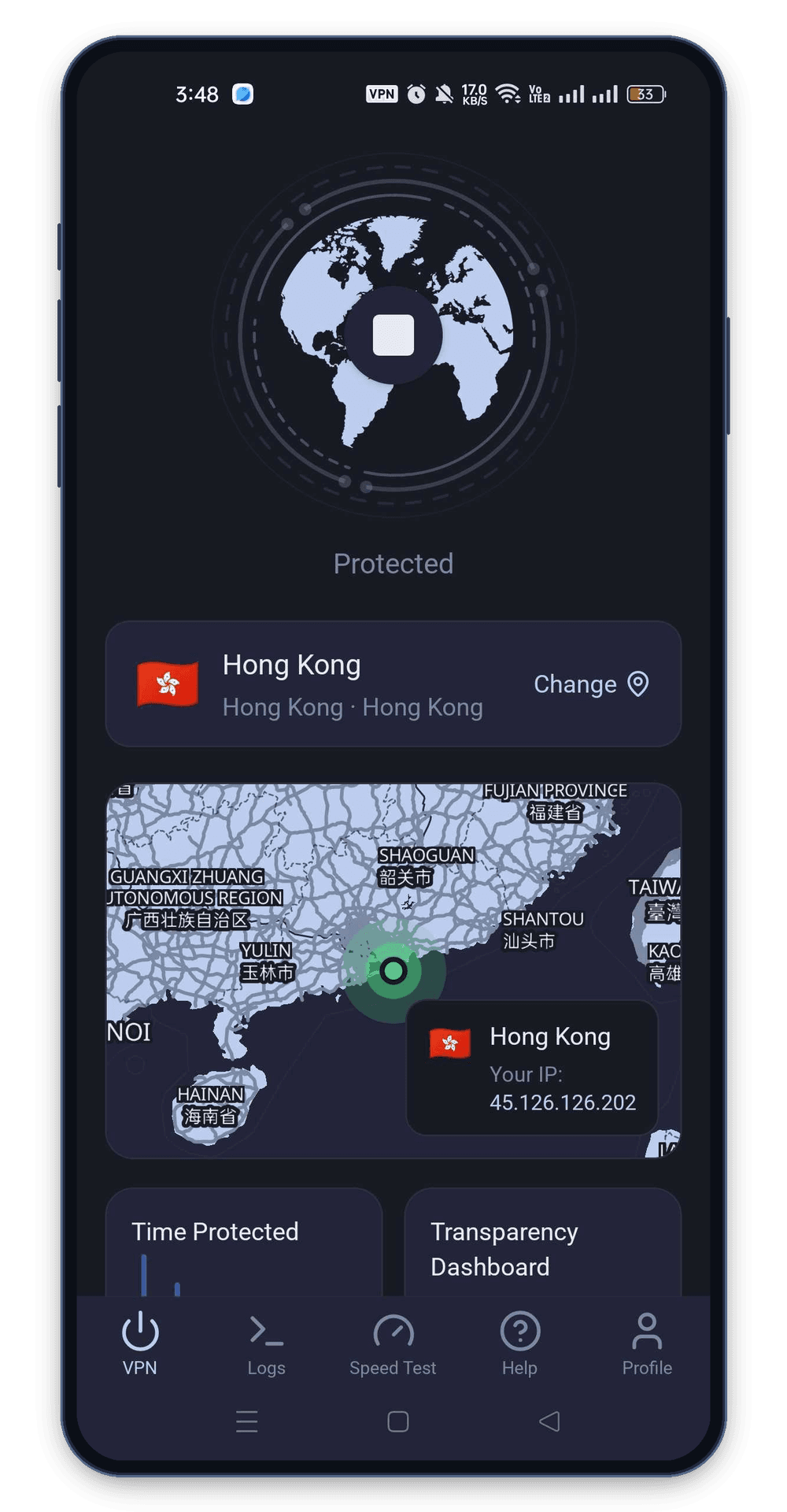 KlarVPN app connected to Hong Kong VPN with private encrypted tunnel and secure Hong Kong IP address