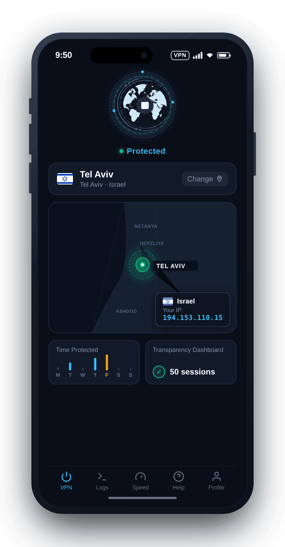 KlarVPN app connected to Israel VPN with private encrypted tunnel and secure Israeli IP address