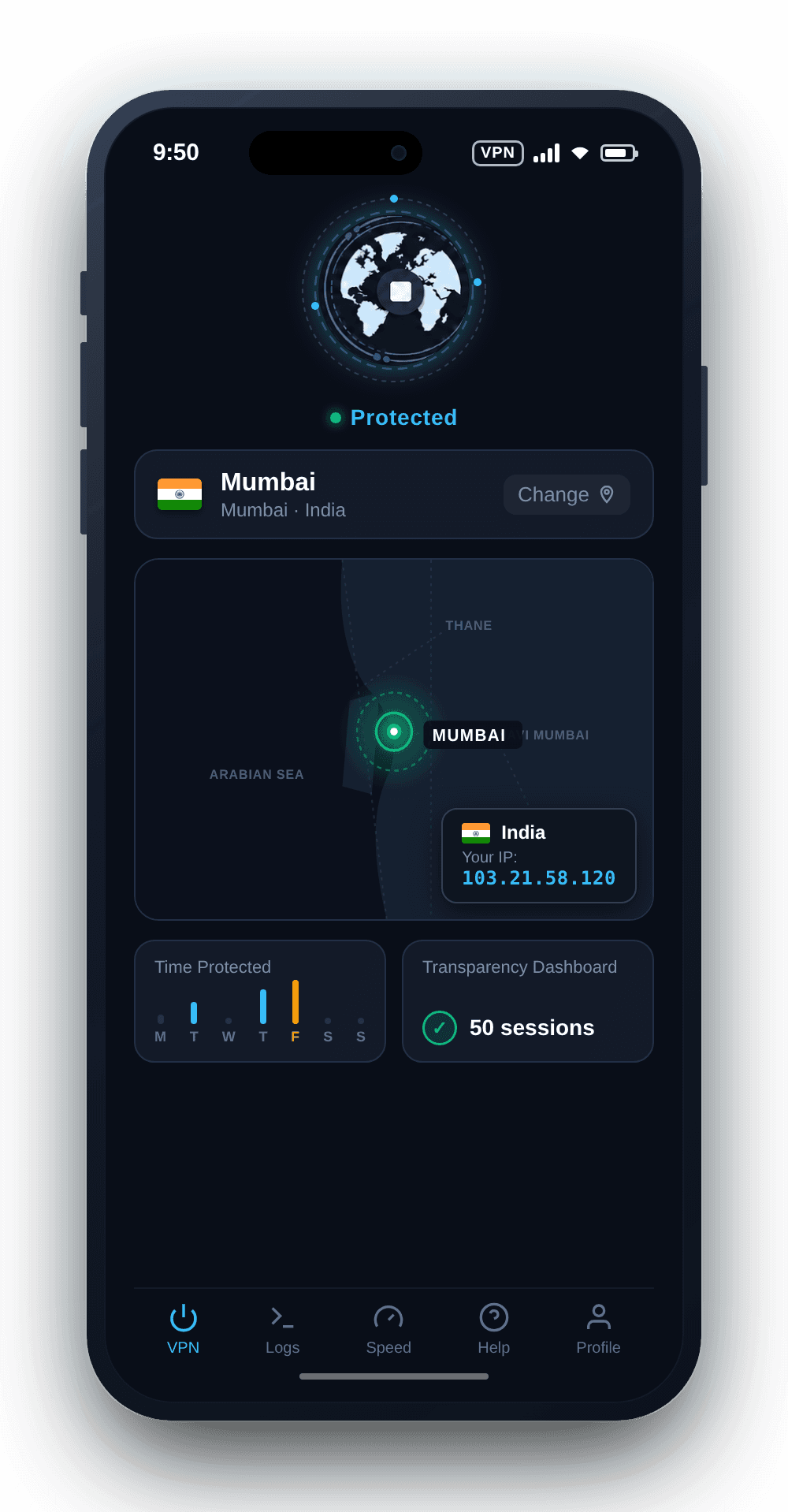 KlarVPN app connected to India VPN with private encrypted tunnel and secure Indian IP address