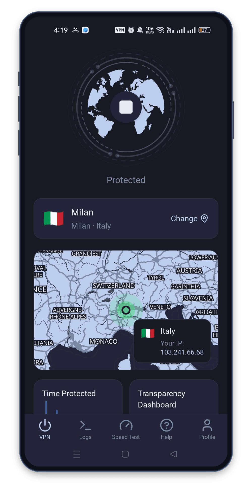 KlarVPN app connected to Italy VPN with private encrypted tunnel and secure Italian IP address