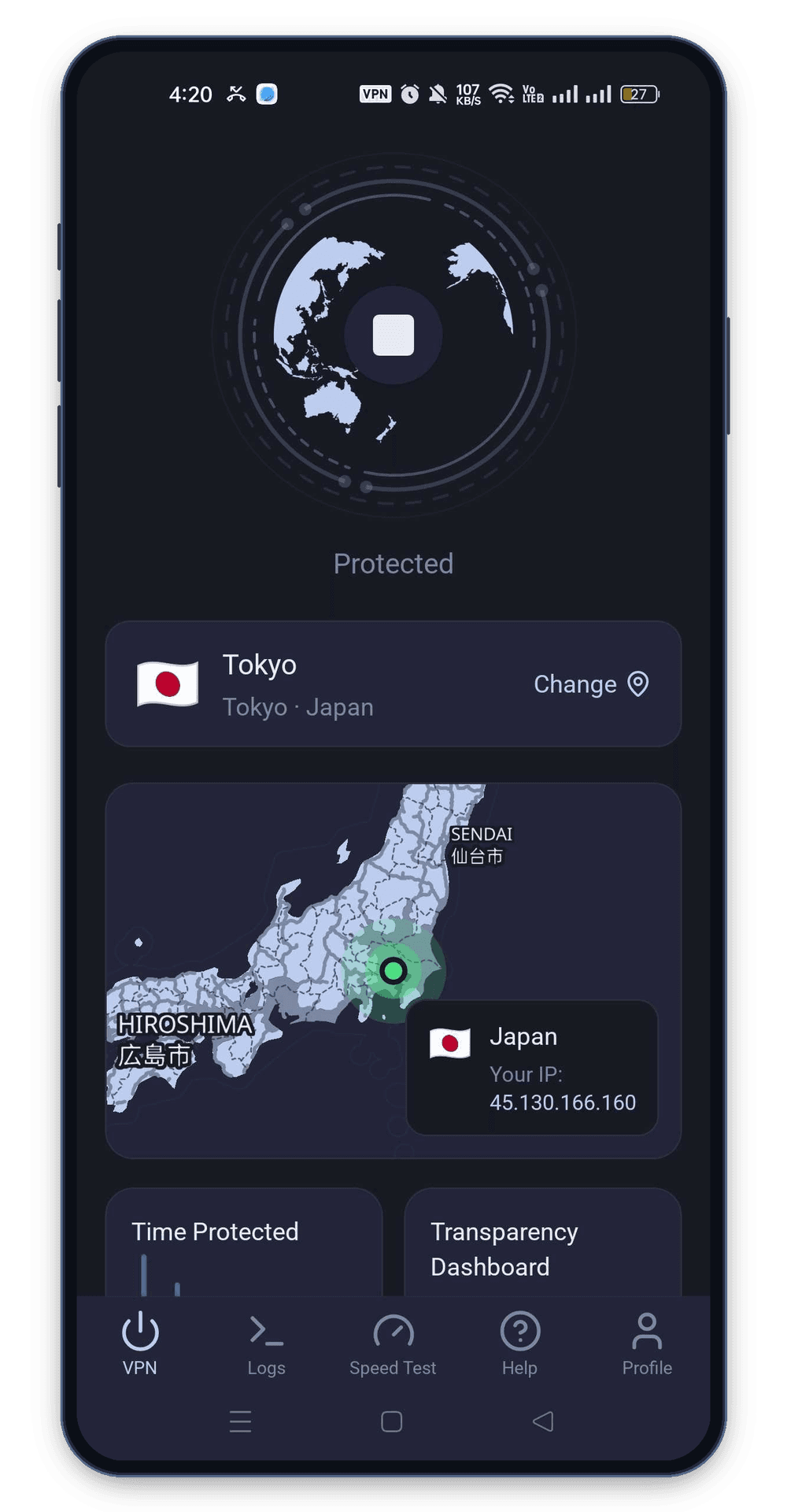 KlarVPN app connected to Japan VPN with private encrypted tunnel and secure Japanese IP address