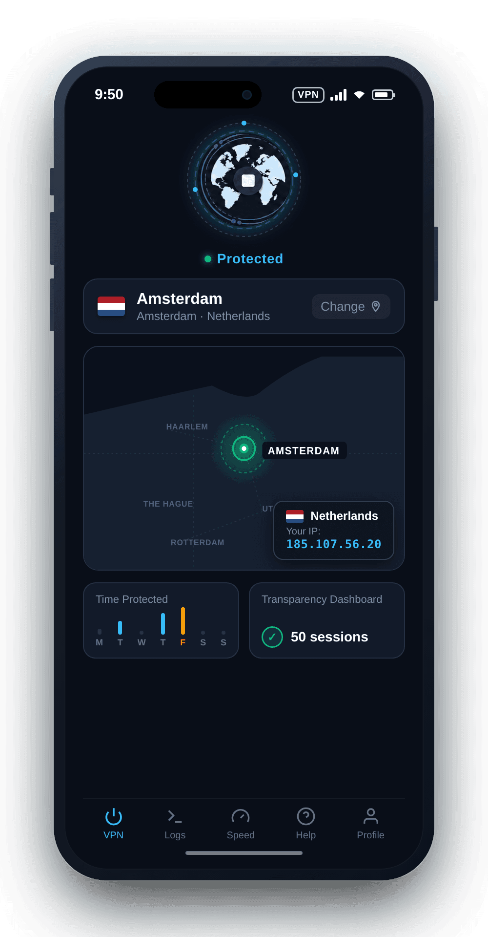 KlarVPN app connected to Netherlands VPN with private encrypted tunnel and secure Dutch IP address