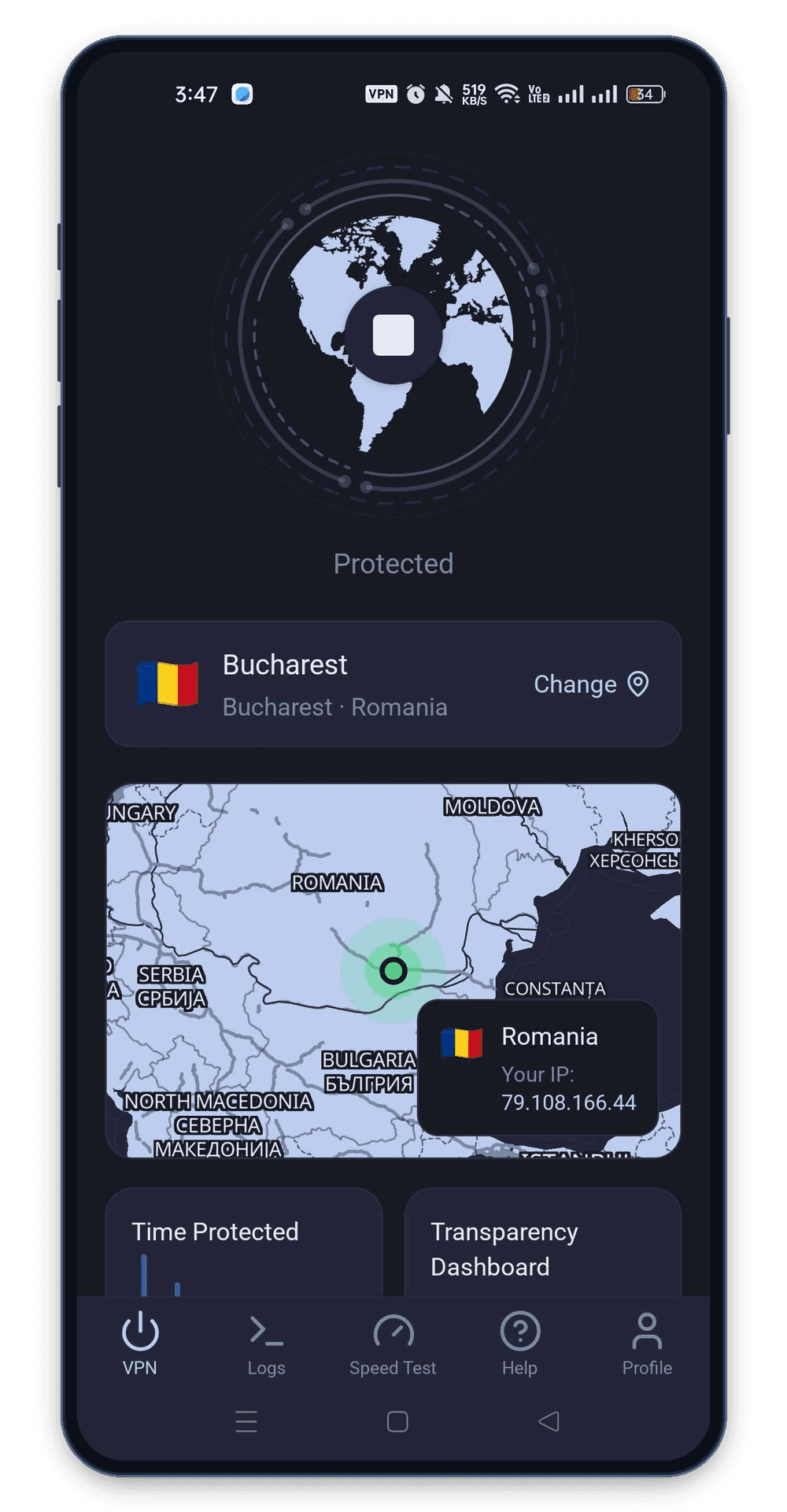KlarVPN app connected to Romania VPN with private encrypted tunnel and secure Romanian IP address