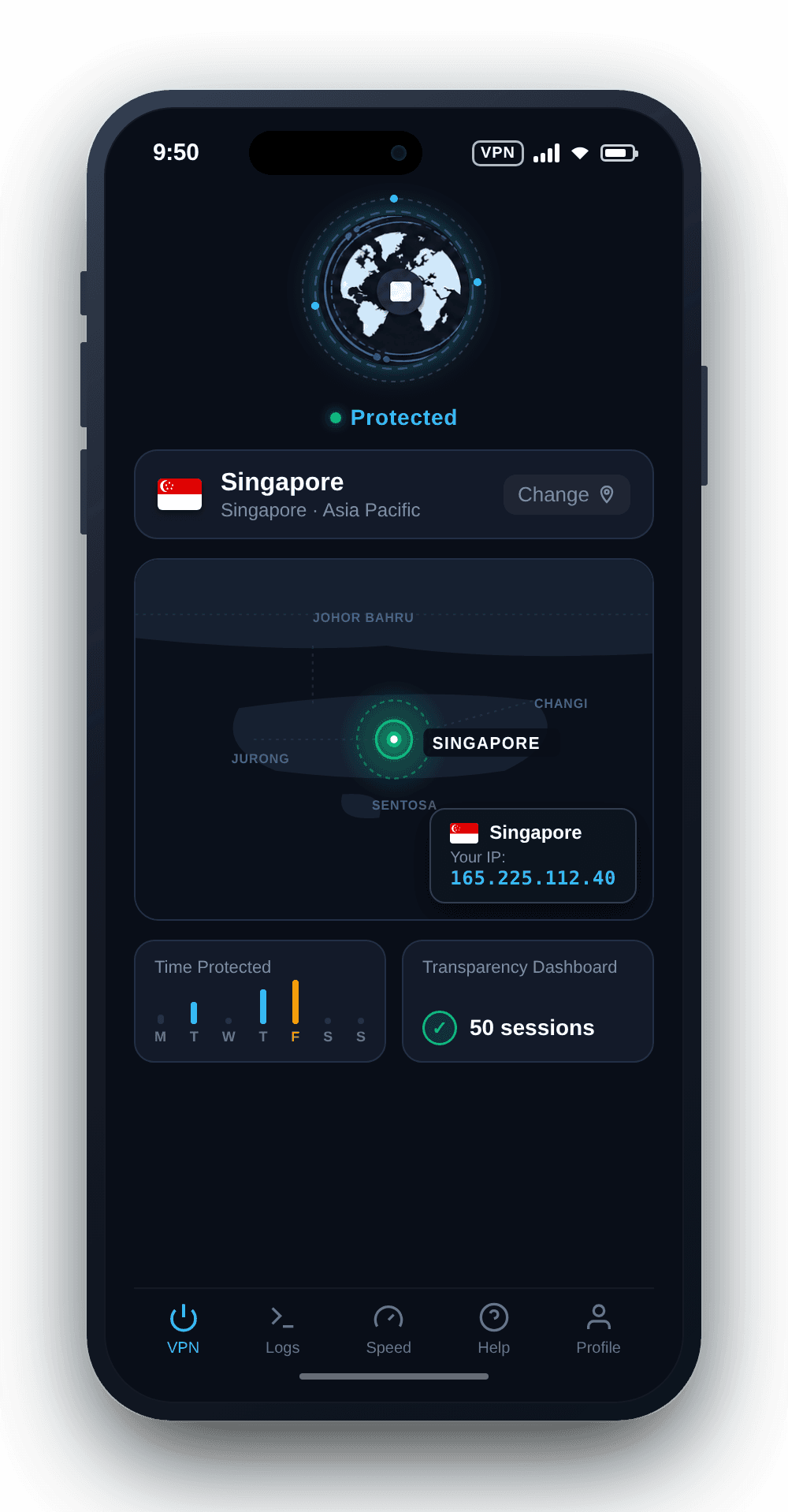 KlarVPN app connected to Singapore VPN with private encrypted tunnel and secure Singapore IP address