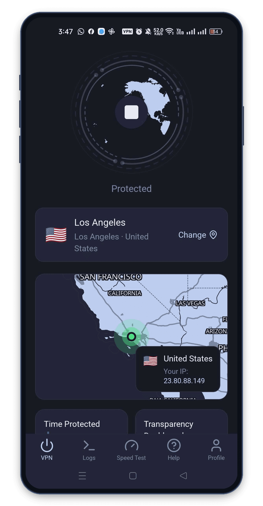 KlarVPN app connected to USA VPN with private encrypted tunnel and secure US IP address