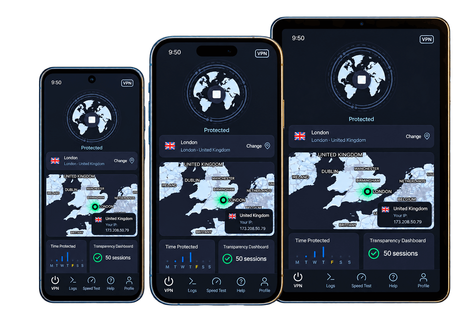 KlarVPN app showing a protected London connection on Android, iPhone, and iPad