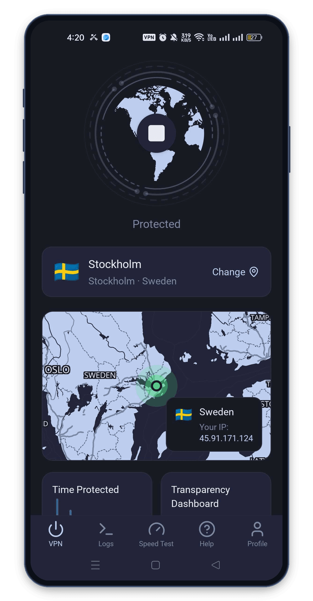 KlarVPN app connected to Sweden VPN with private encrypted tunnel and secure Swedish IP address