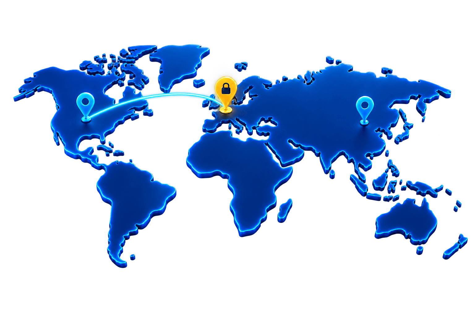 A cyan encrypted connection between blue and gold location pins on a world map