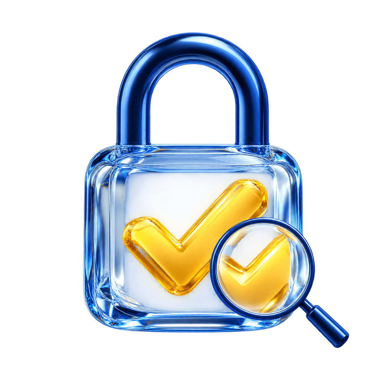 A transparent blue lock with a gold checkmark inspected through a magnifying glass