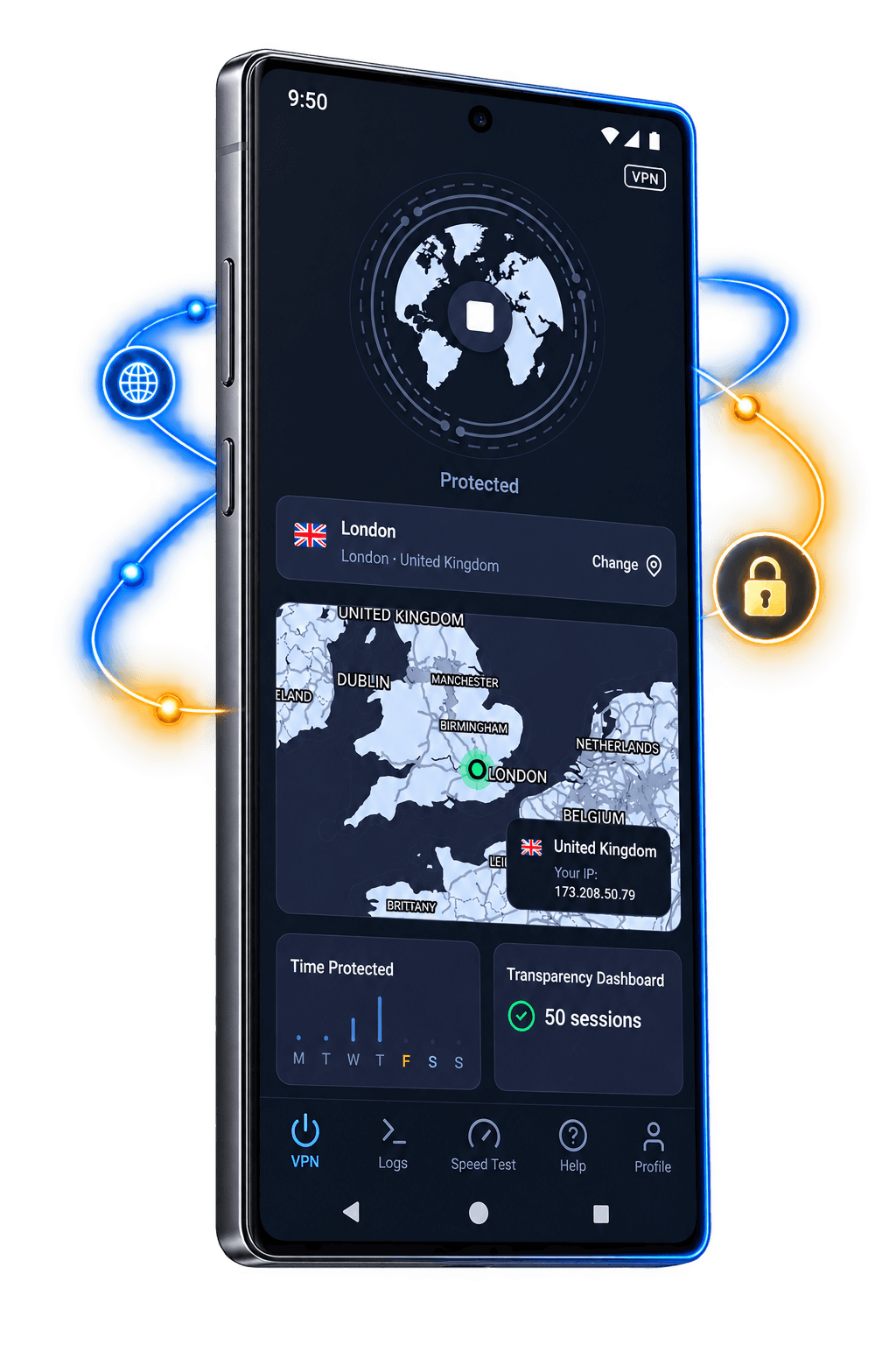 KlarVPN connected and protecting an Android phone