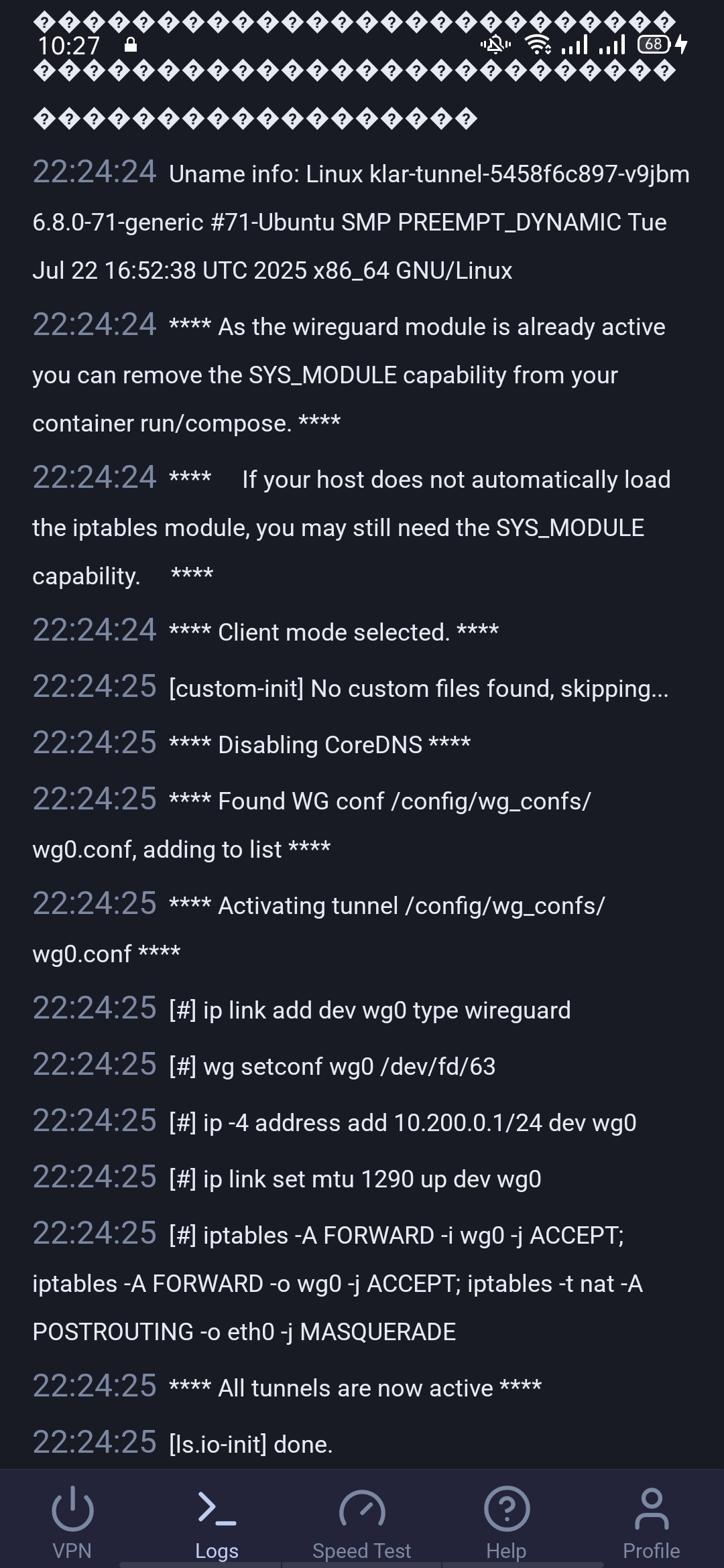 KlarVPN connection logs showing WireGuard tunnel activation commands