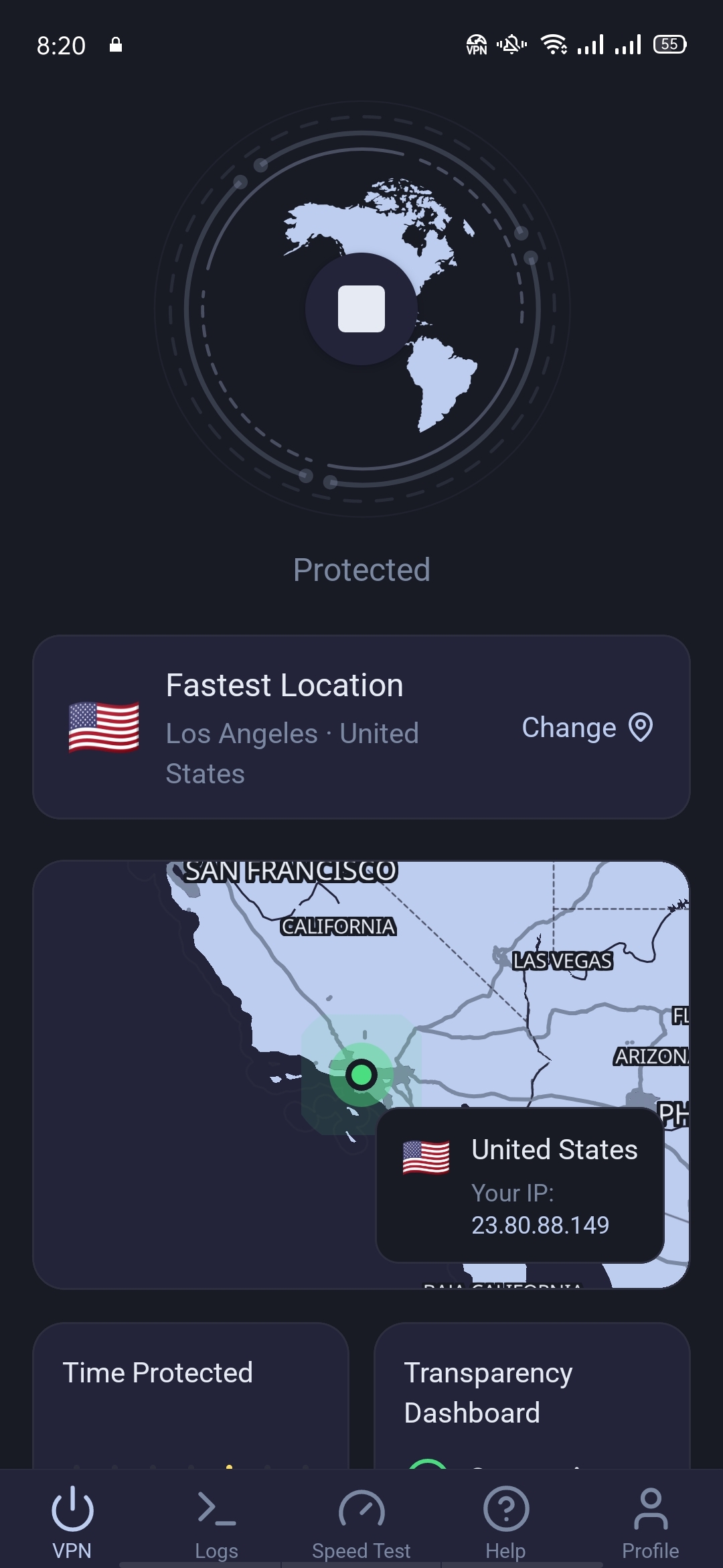 KlarVPN protected screen showing a changed VPN IP address and location