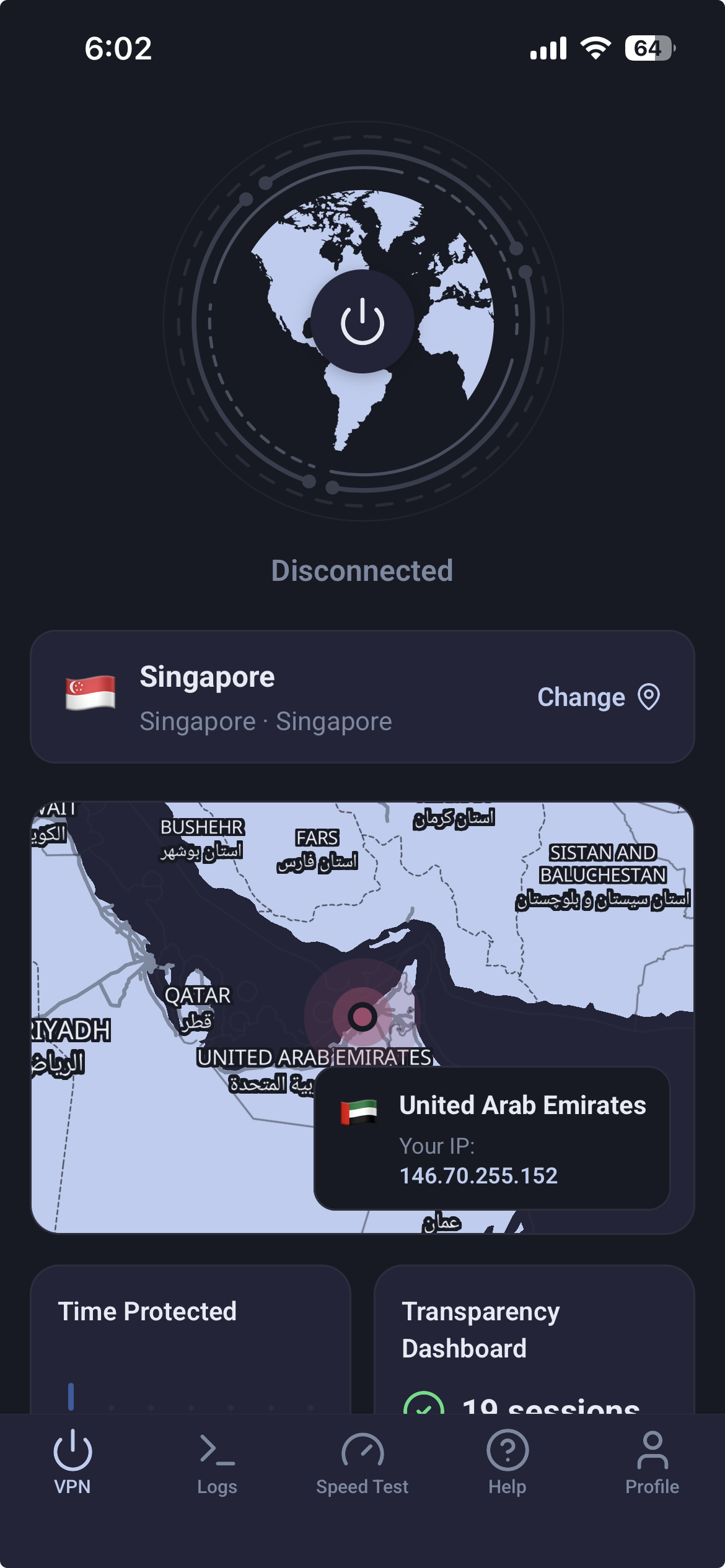 KlarVPN disconnected screen showing the original IP address and location